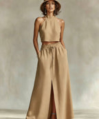 Neck-hanging Sleeveless Top High-waisted Split Wide-leg Long Skirt Two-piece Set