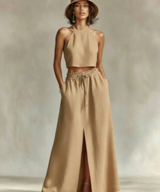Neck-hanging Sleeveless Top High-waisted Split Wide-leg Long Skirt Two-piece Set