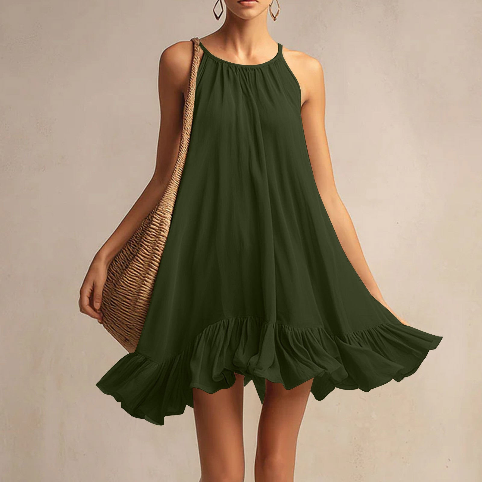 Sleeveless Pleated Womens Halterneck Casual Dress