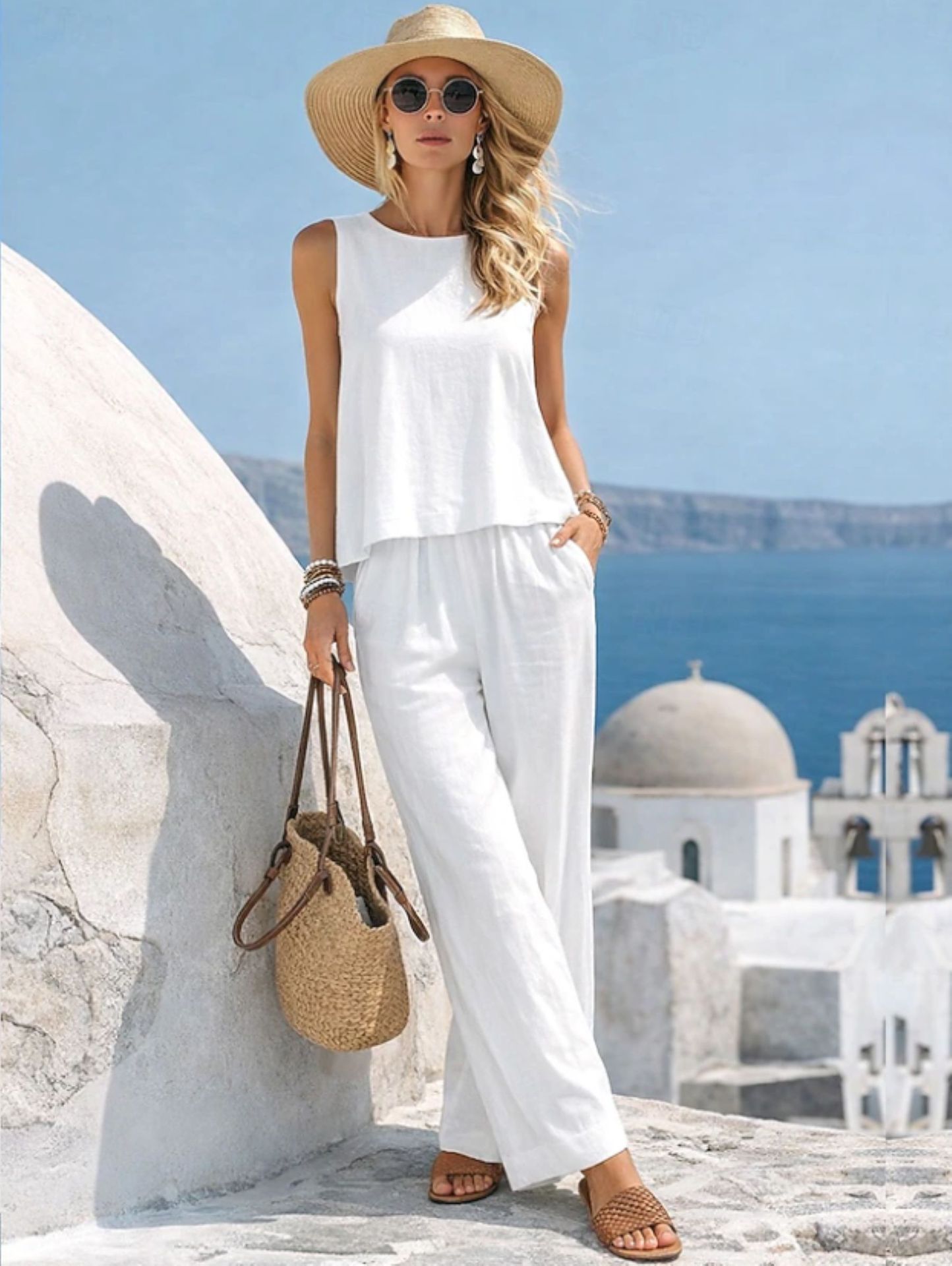 Round-neck Solid-color Fashionable Womens Casual Cotton-Linen Vest And Pants Set