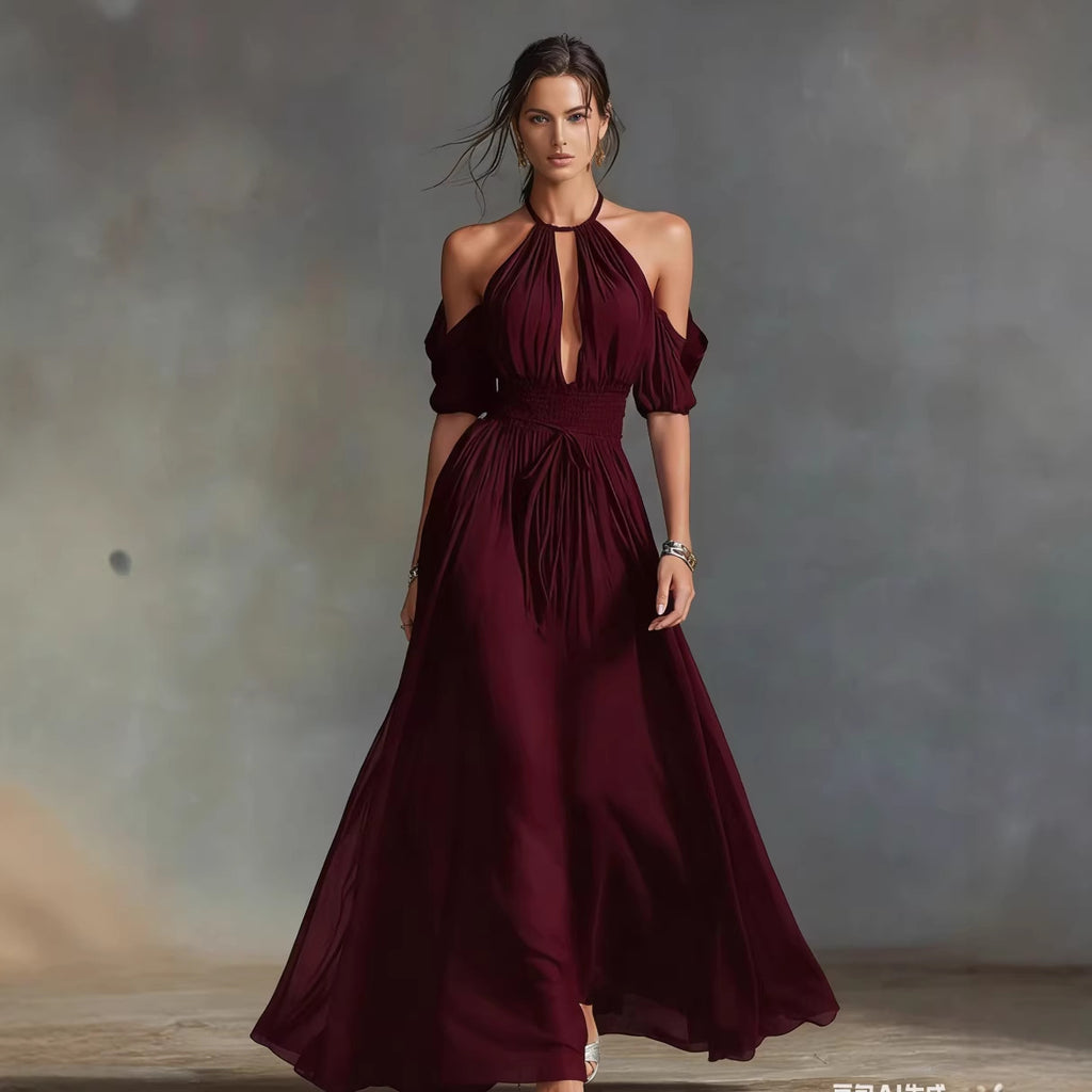 Womens Solid-Colored Halter Maxi Dress