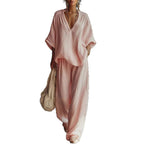 Womens V-neck Loose Short-Sleeve Casual Pants Two-Piece Set