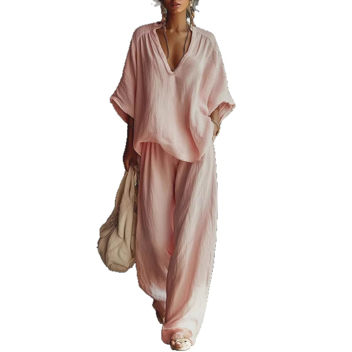 Womens V-neck Loose Short-Sleeve Casual Pants Two-Piece Set