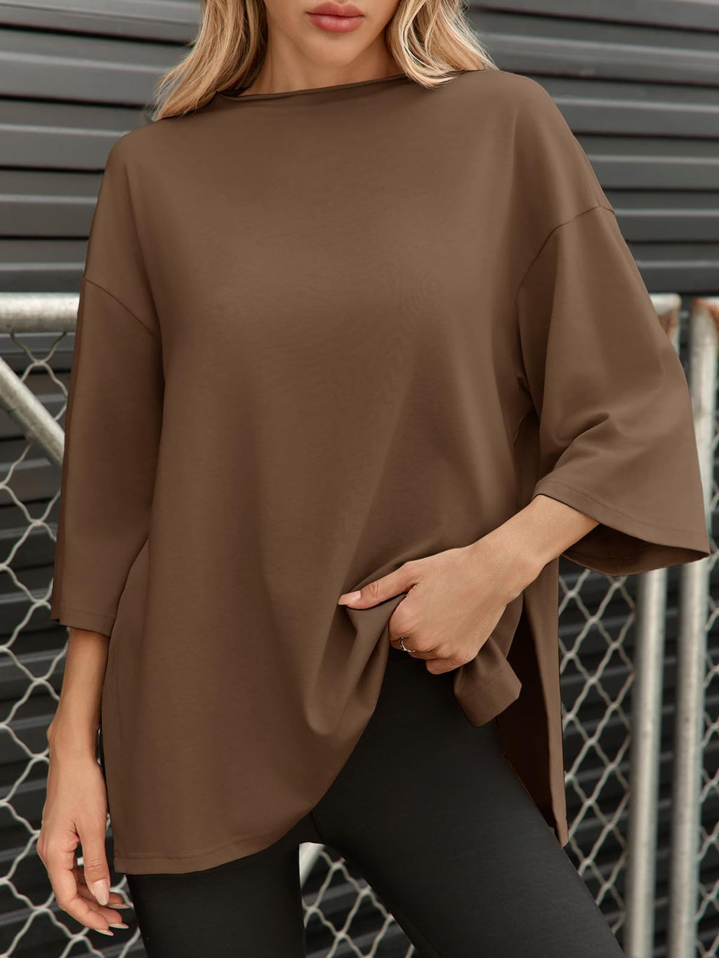 Fisoew Womens Oversized T Shirts Casual Sleeve Side Slit Workout Gym Loose Fit Summer Tee Tunic Tops