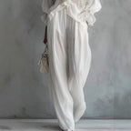 Lace Long-sleeve Shirt And Wide-leg Pants Set