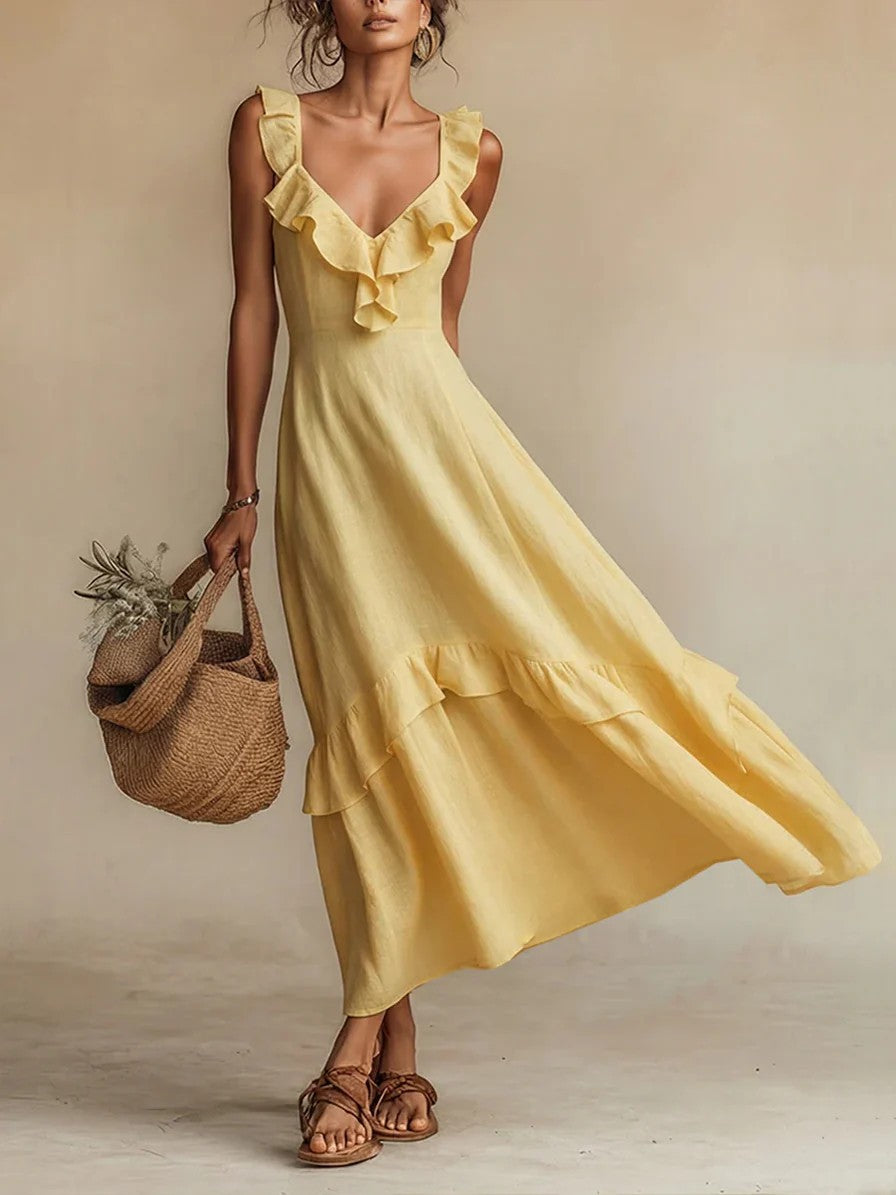 Elegant And Chic Cotton-Linen Dress With Ruffled Flutter Sleeves And A Flowing Hem