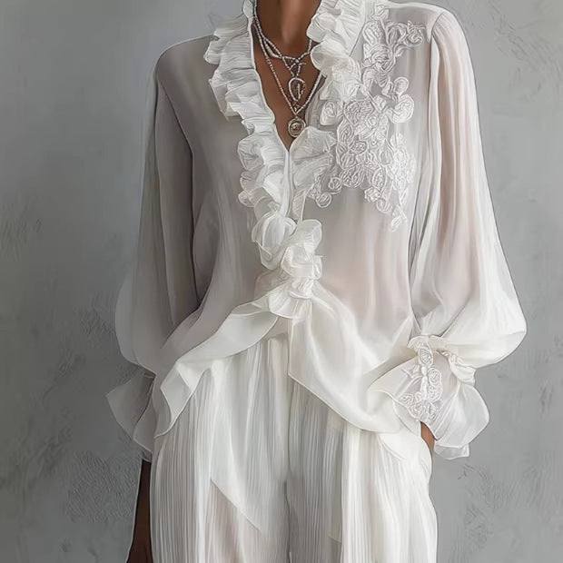Lace Long-sleeve Shirt And Wide-leg Pants Set