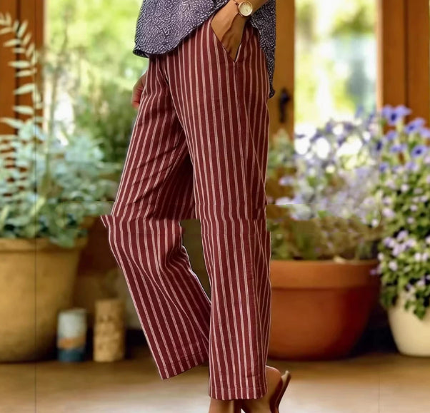 Womens Striped Elastic Waist Loose Casual Pants