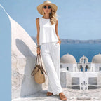 Round-neck Solid-color Fashionable Womens Casual Cotton-Linen Vest And Pants Set