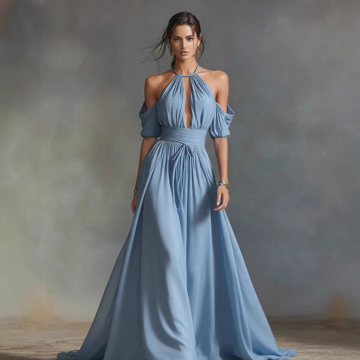 Womens Solid-Colored Halter Maxi Dress