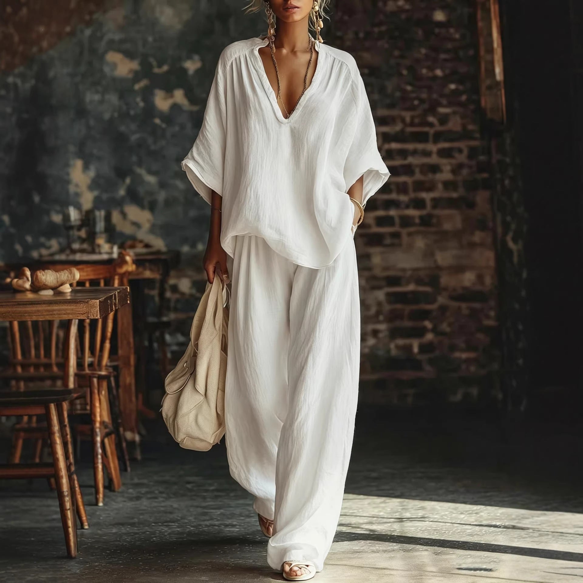 Womens V-neck Loose Short-Sleeve Casual Pants Two-Piece Set