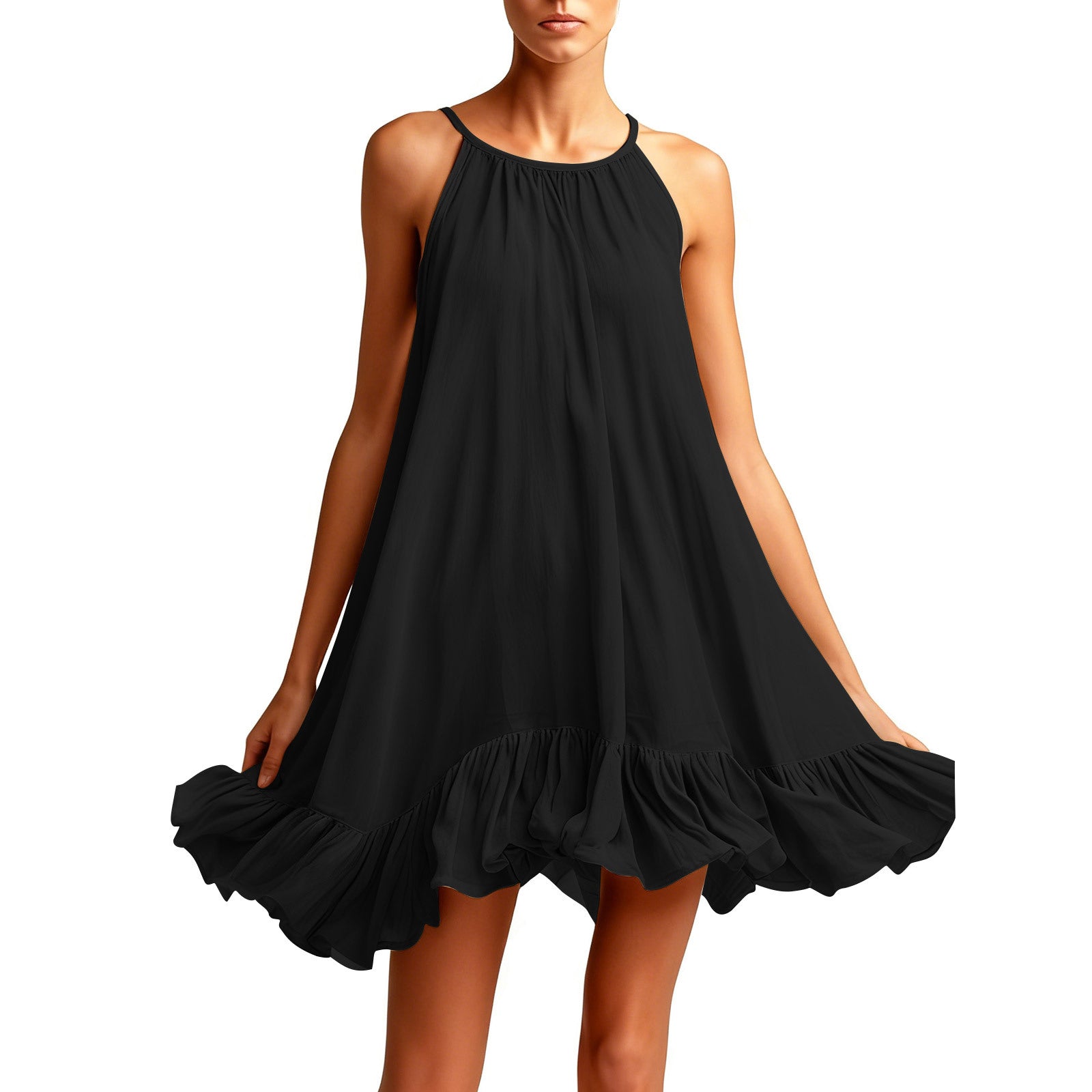 Sleeveless Pleated Womens Halterneck Casual Dress