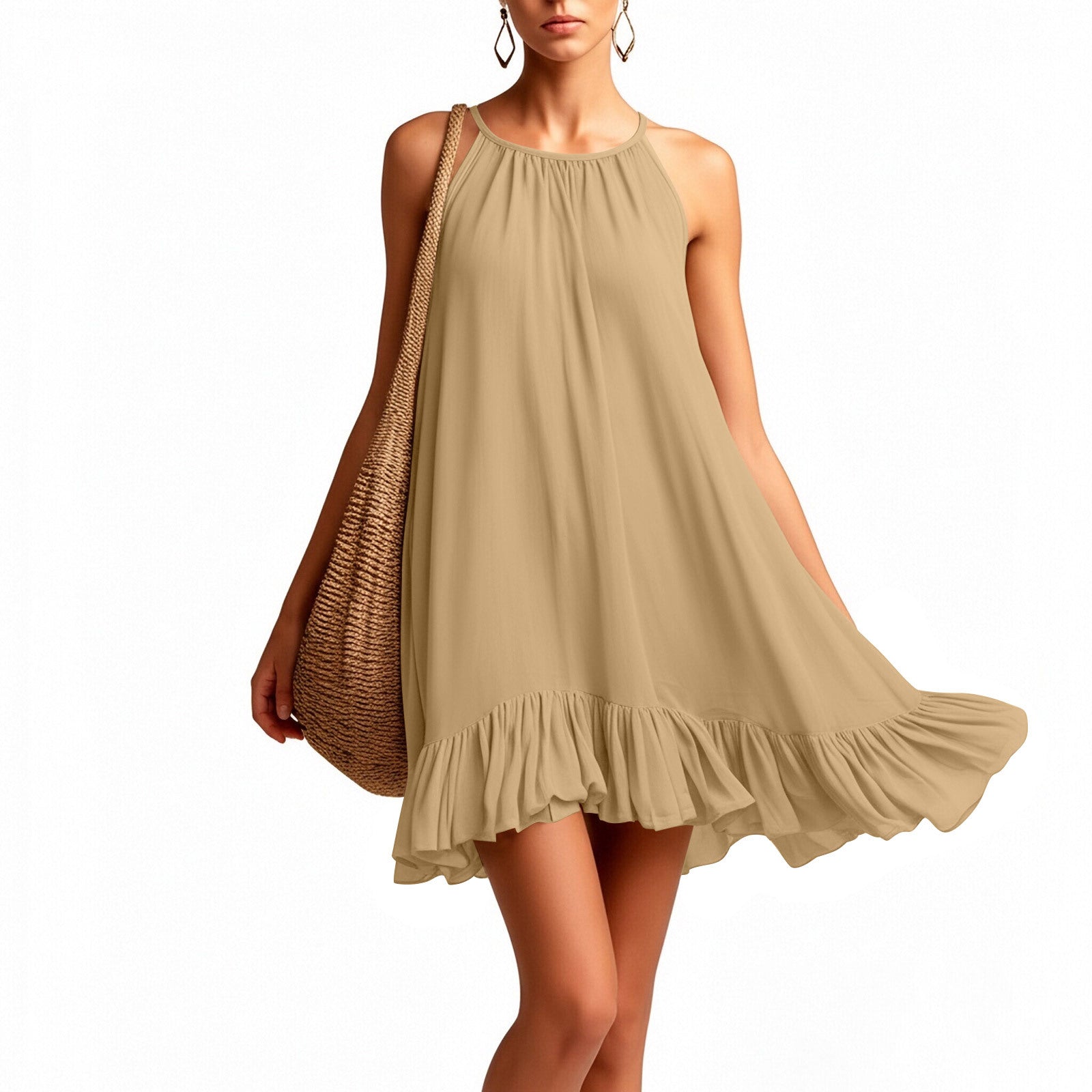 Sleeveless Pleated Womens Halterneck Casual Dress