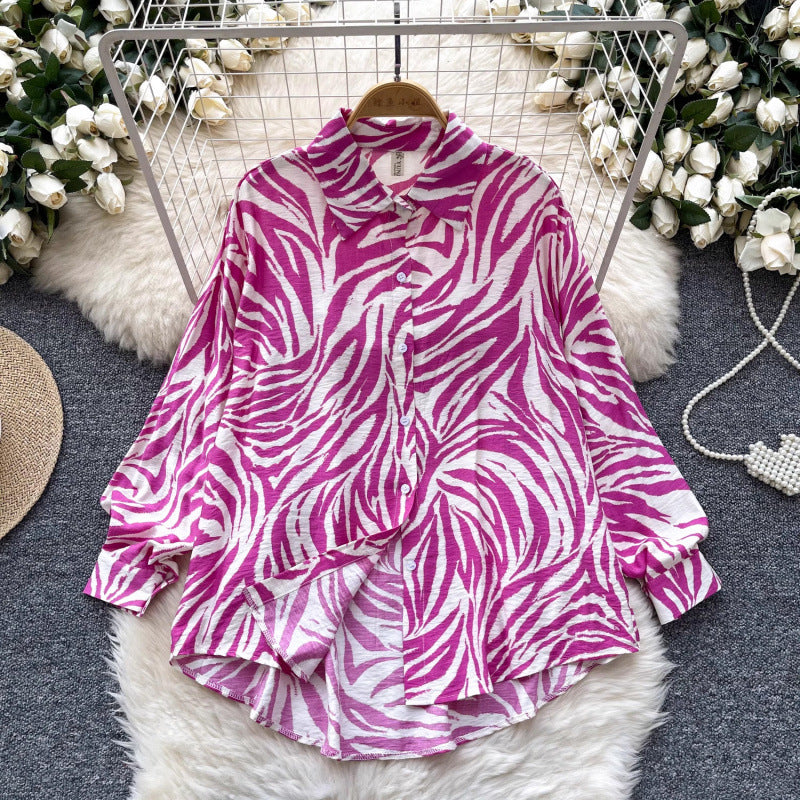 Retro French-style Printed Womens Autumn Loose Slimming Top