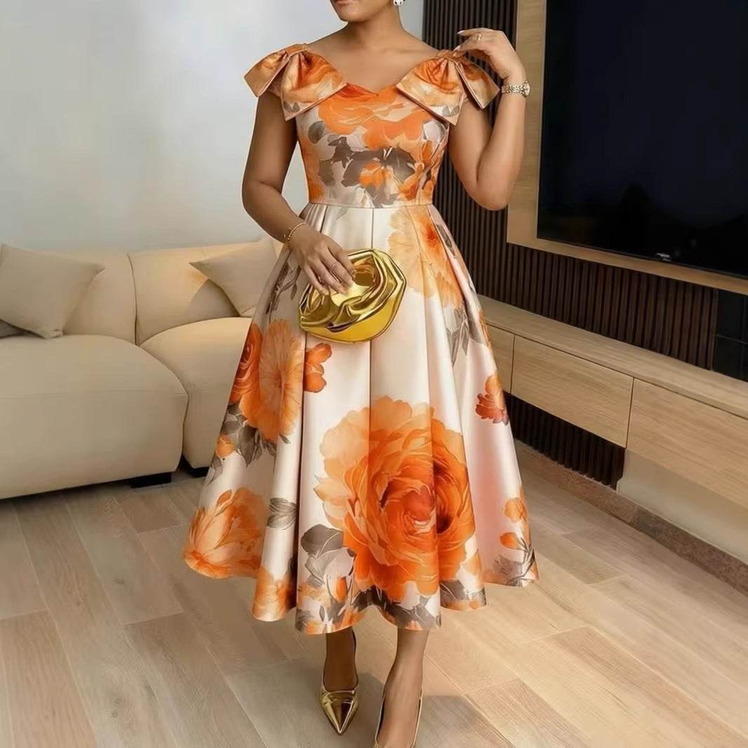 French Orange Blossom Print Dress With Ruffled Hem