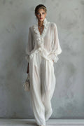Lace Long-sleeve Shirt And Wide-leg Pants Set