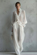 Lace Long-sleeve Shirt And Wide-leg Pants Set