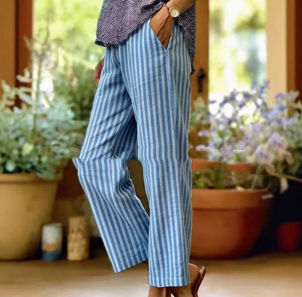 Womens Striped Elastic Waist Loose Casual Pants