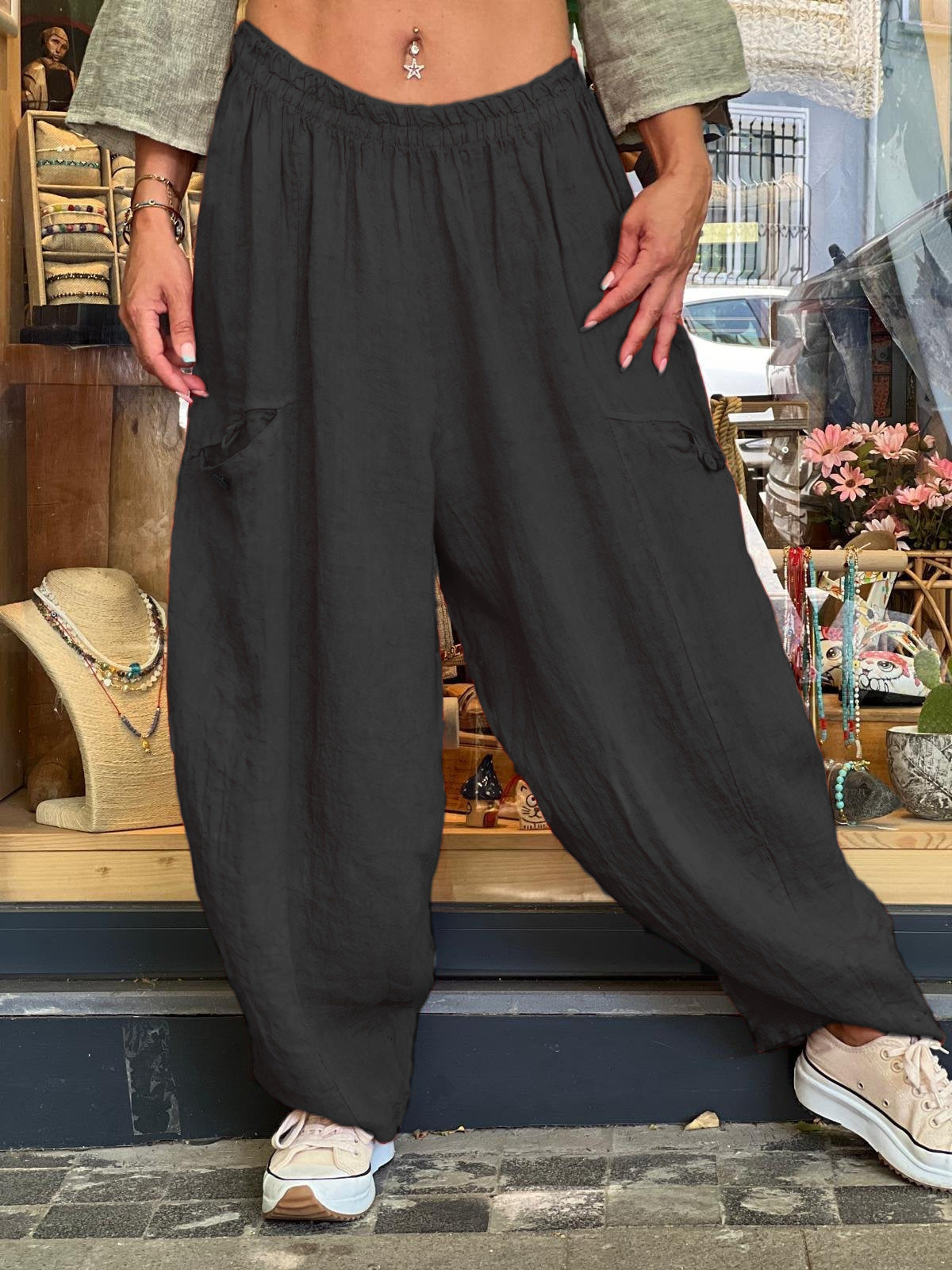 AutumnWinter Cotton-Linen Womens Long Solid-Color Pockets Loose Pants