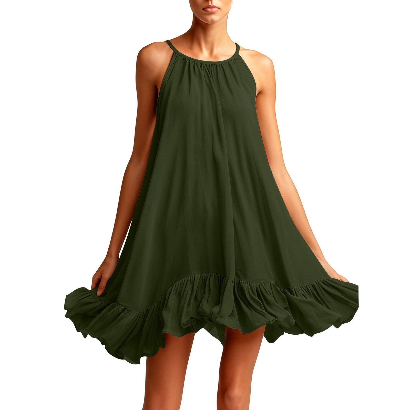 Sleeveless Pleated Womens Halterneck Casual Dress