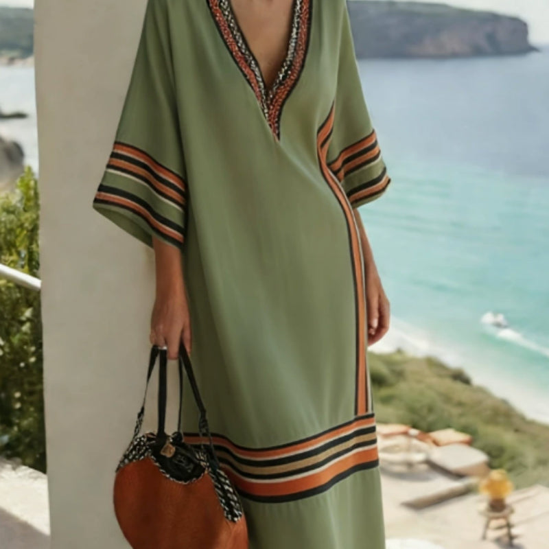 Printed Collar Five-button Long-sleeved Dress With A Pocket On The Hem