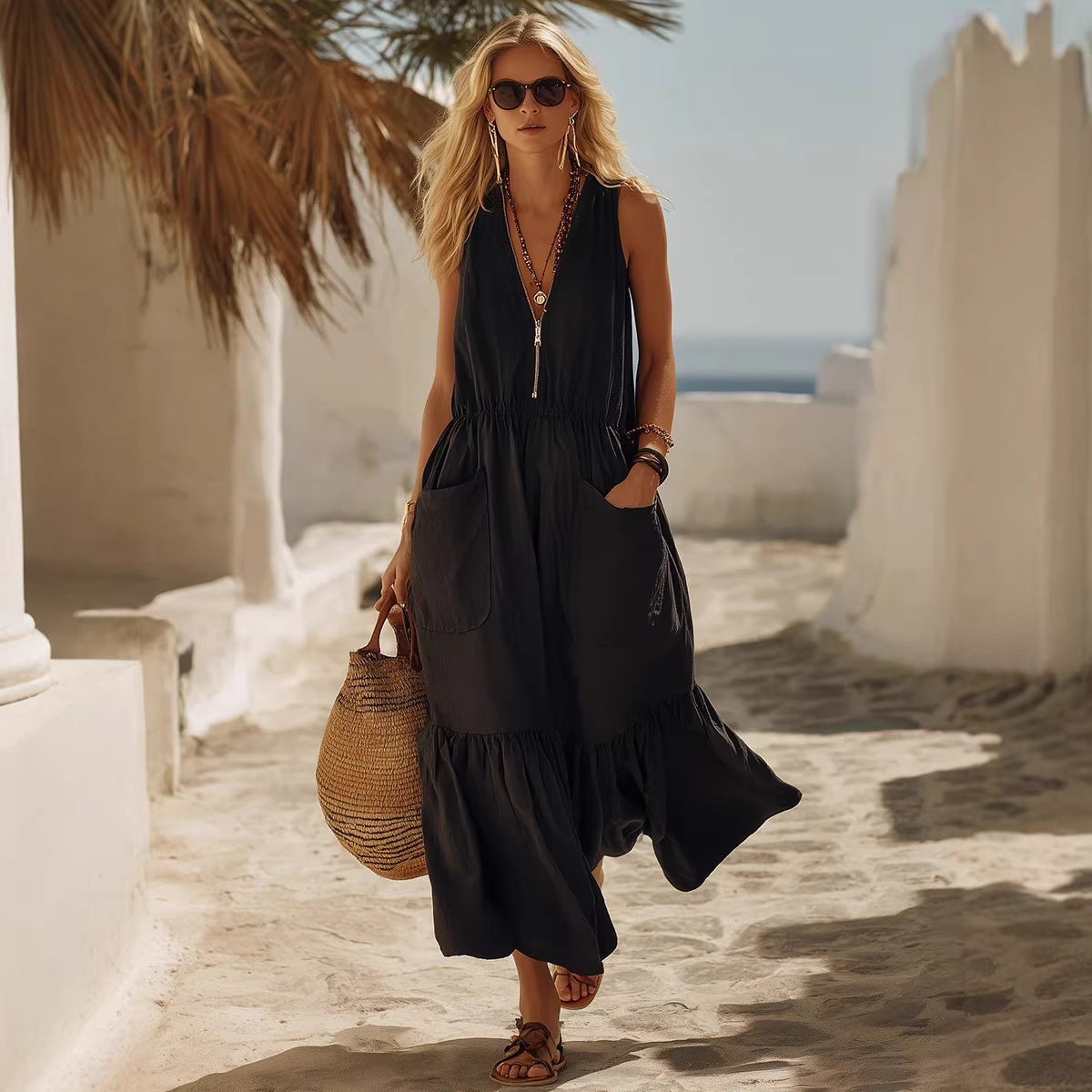 Women's Casual Retro Pocket V-Neck Dress