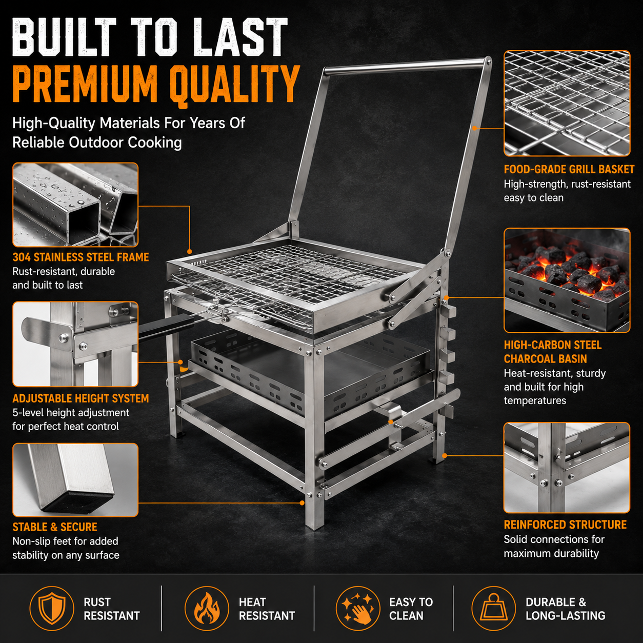 ⚡Clearance Sale🍻 Adjustable Charcoal Rotating Grill, with BBQ Net and Carbon Clip×2, Outdoor Barbecue, Summer Camping