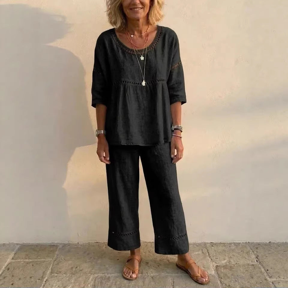 Casual Commuter Comfortable Loose Crew-Neck Linen Set