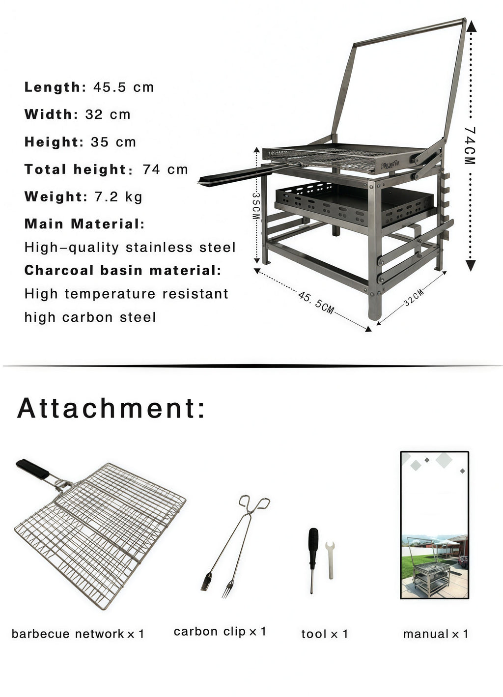 ⚡Clearance Sale🍻 Adjustable Charcoal Rotating Grill, with BBQ Net and Carbon Clip×2, Outdoor Barbecue, Summer Camping