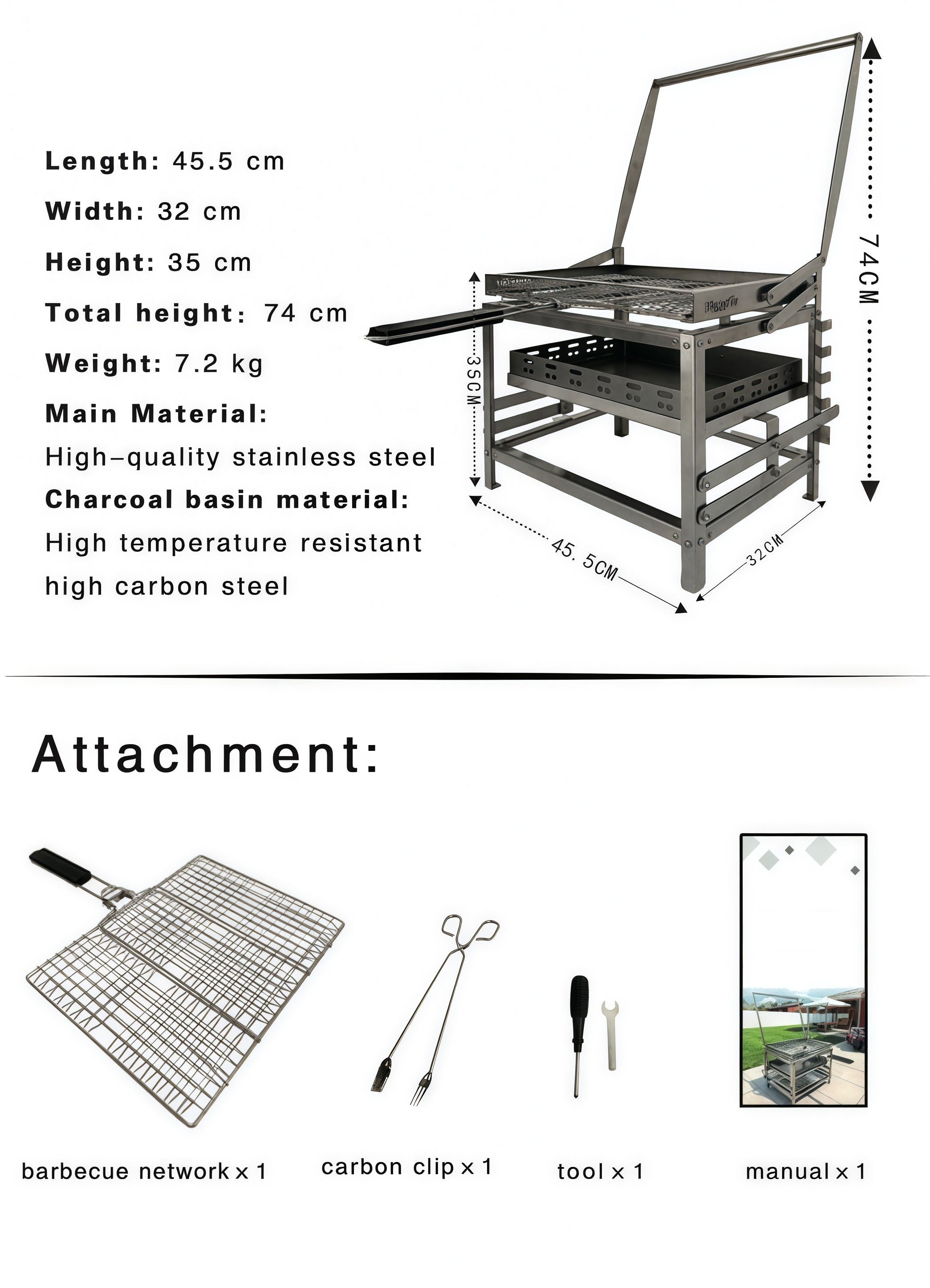 ⚡Clearance Sale🍻 Adjustable Charcoal Rotating Grill, with BBQ Net and Carbon Clip×2, Outdoor Barbecue, Summer Camping