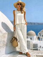 Round-neck Solid-color Fashionable Womens Casual Cotton-Linen Vest And Pants Set