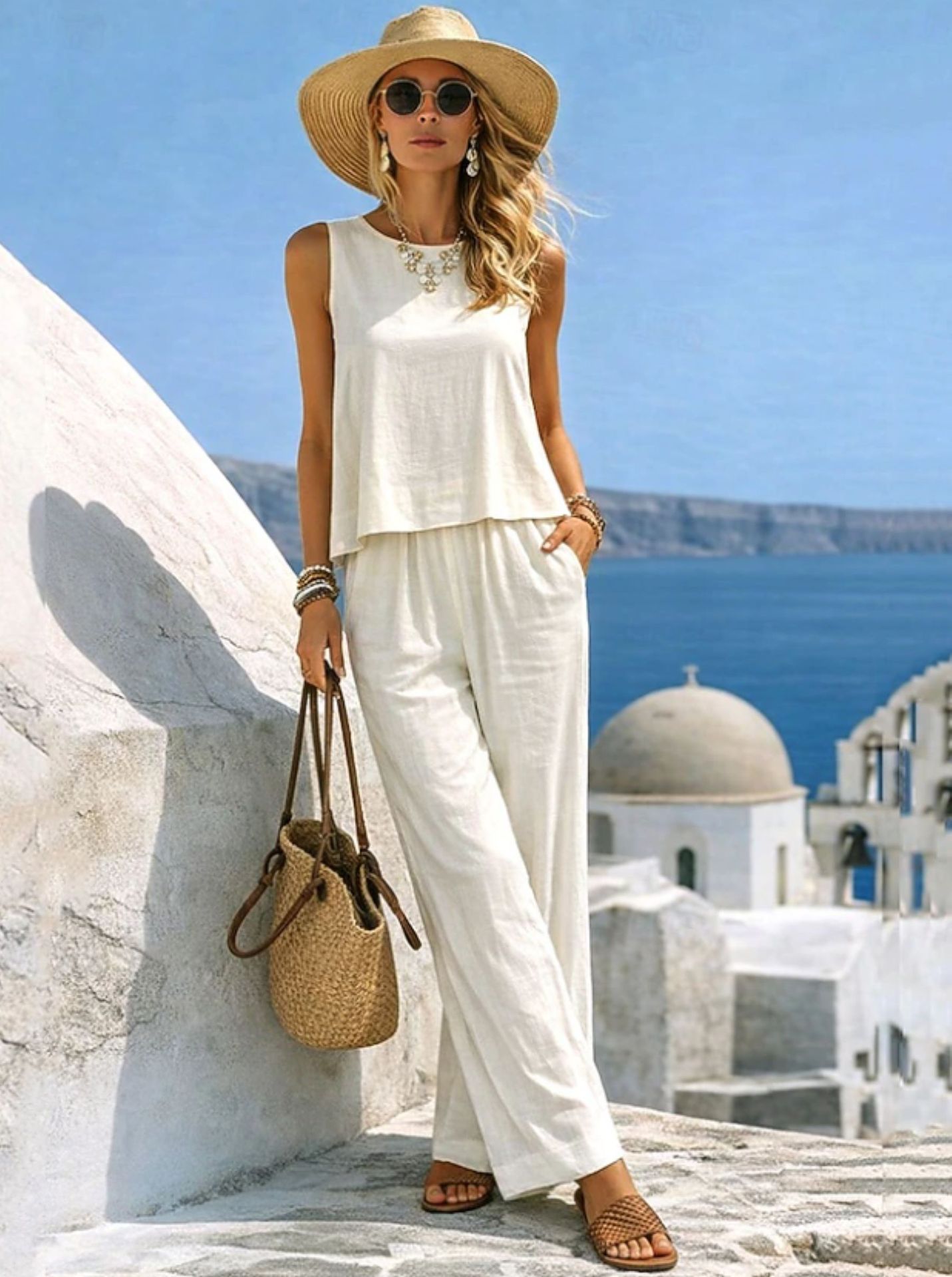 Round-neck Solid-color Fashionable Womens Casual Cotton-Linen Vest And Pants Set