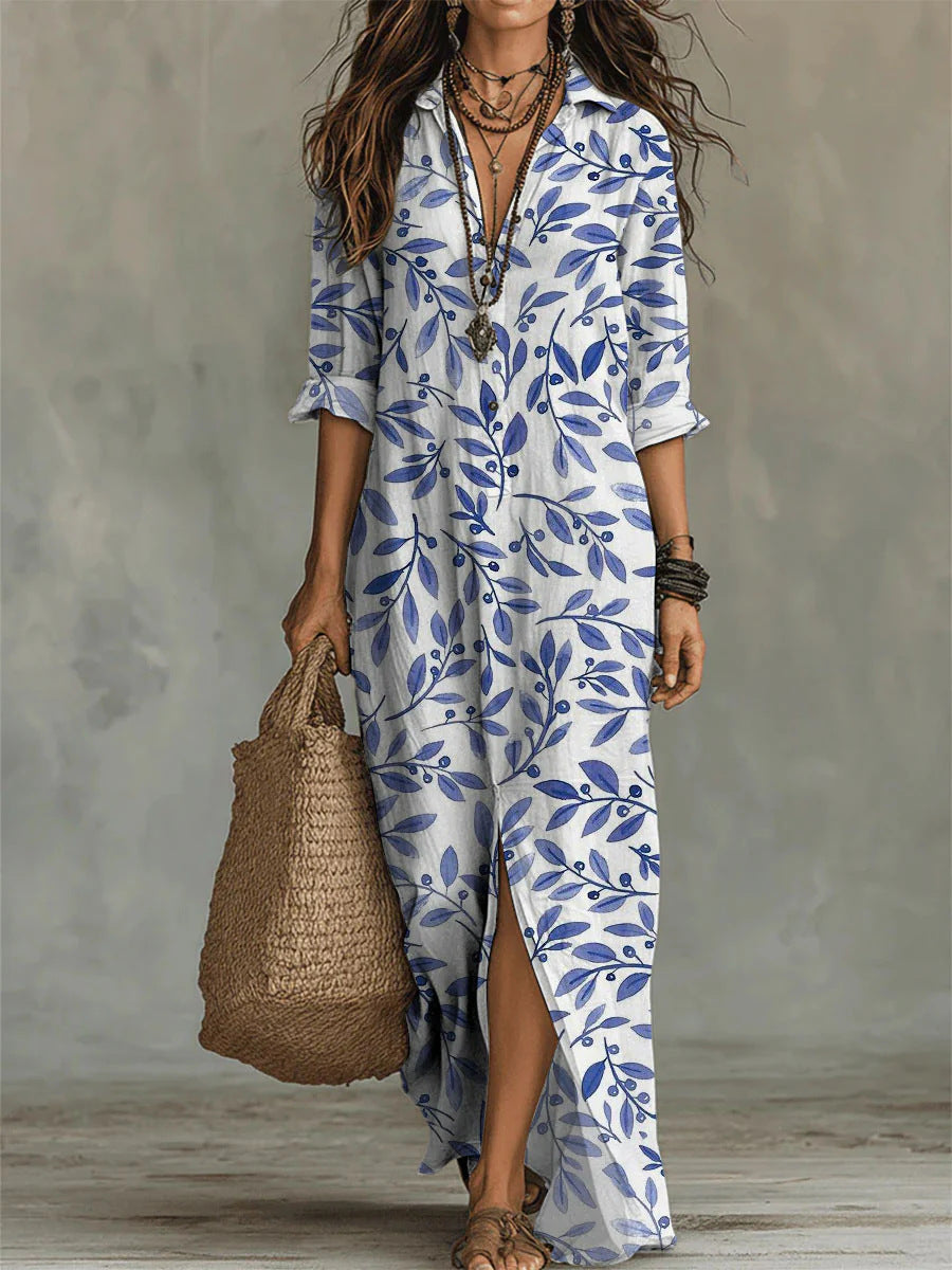 Casual Lapel-Neck Long Digital-Print Womens Shirt Dress