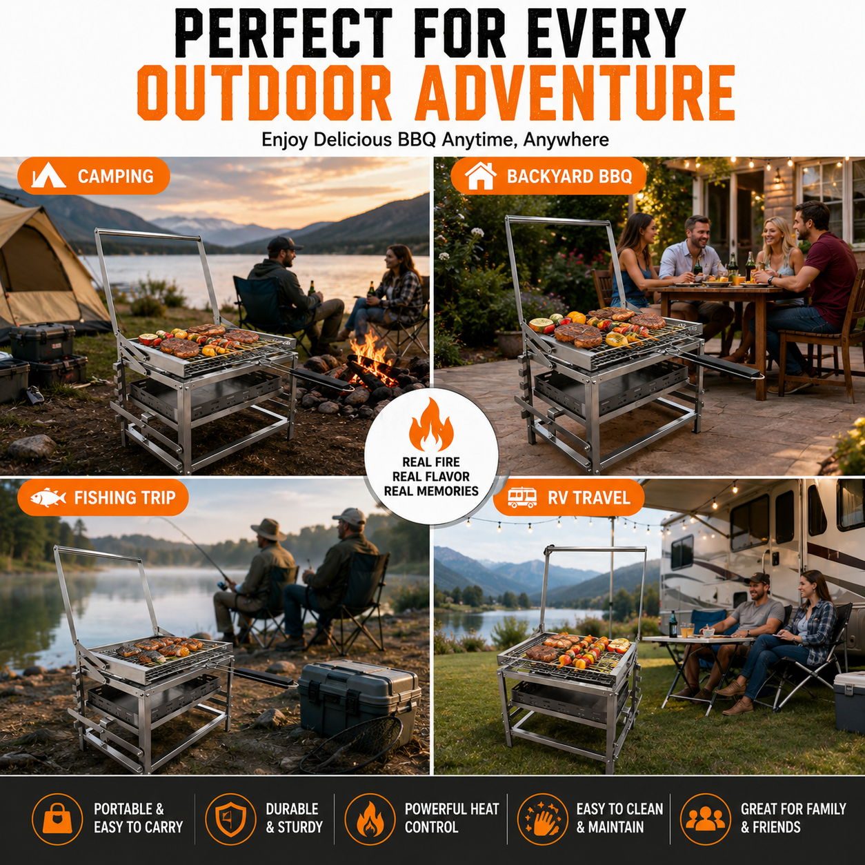 ⚡Clearance Sale🍻 Adjustable Charcoal Rotating Grill, with BBQ Net and Carbon Clip×2, Outdoor Barbecue, Summer Camping