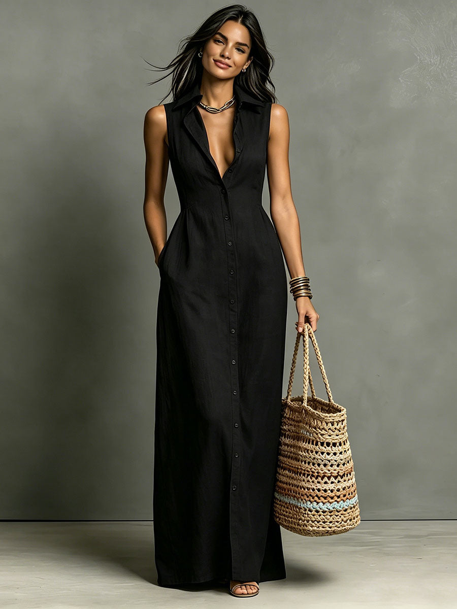 Casual Cotton Linen Bag-Sleeveless Solid Color Dress