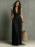 Casual Cotton Linen Bag-Sleeveless Solid Color Dress