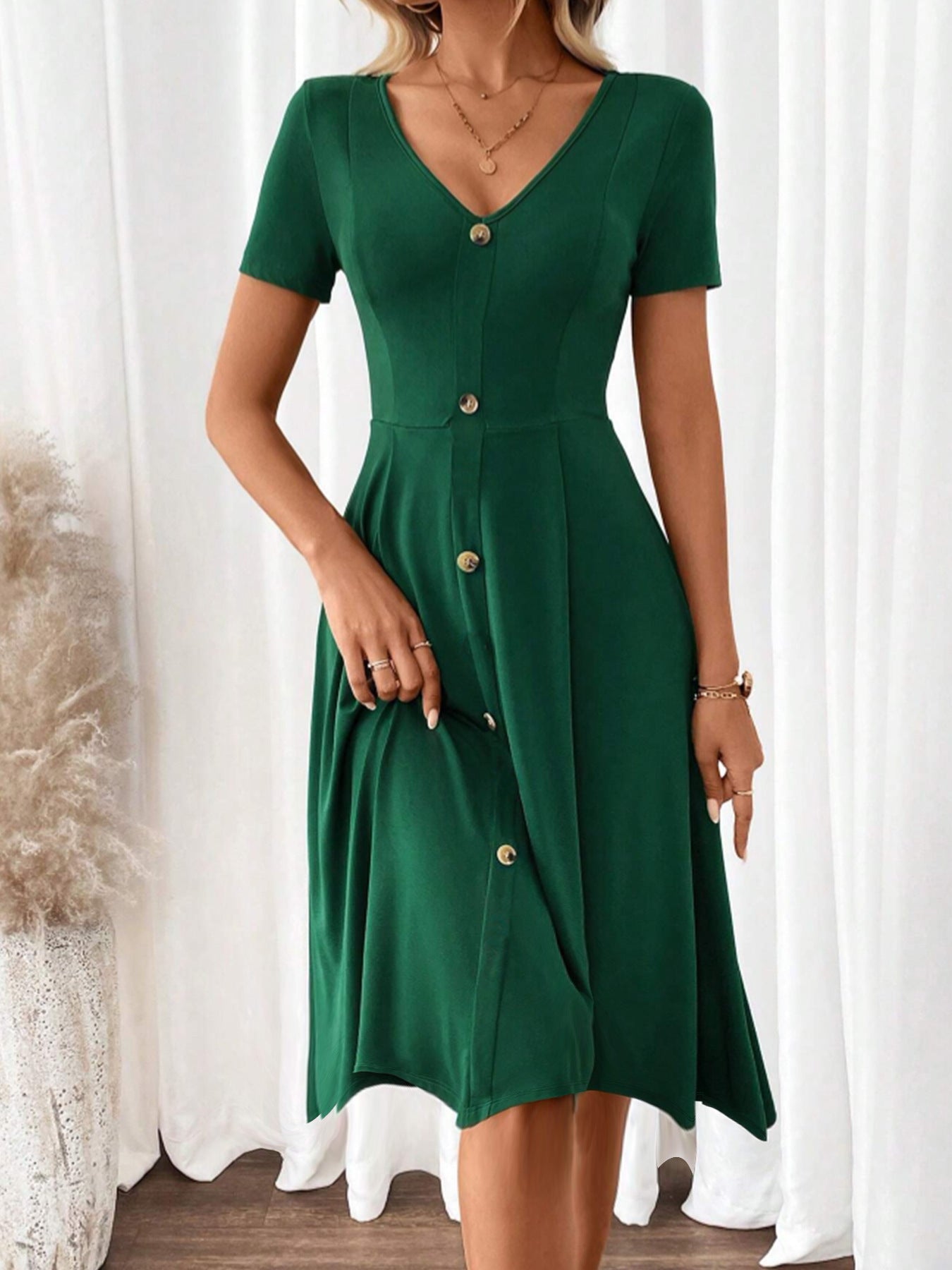 Fashionable And Elegant Dark Green One-Piece Dress For Women