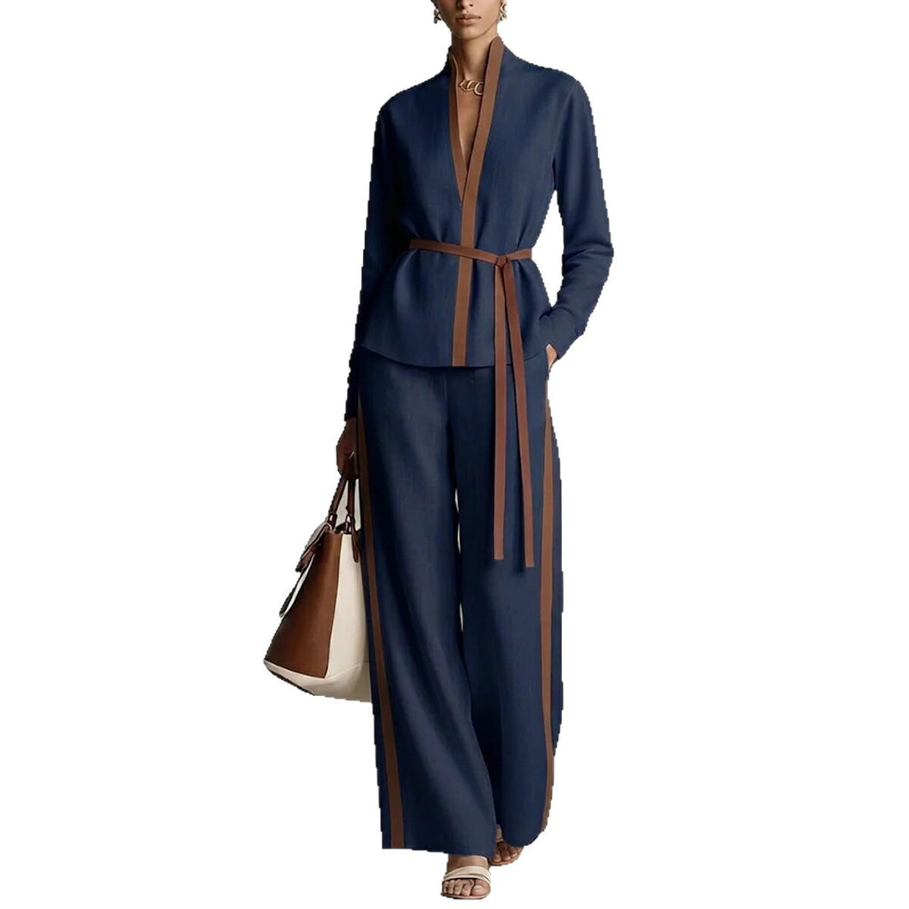Women's Mandarin-collar Cardigan Blouse And Wide-leg Pants Set