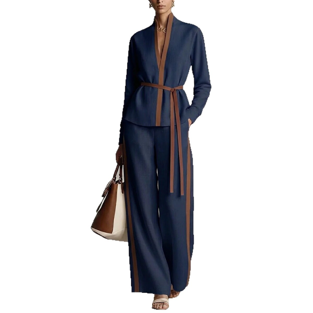 Women's Mandarin-collar Cardigan Blouse And Wide-leg Pants Set
