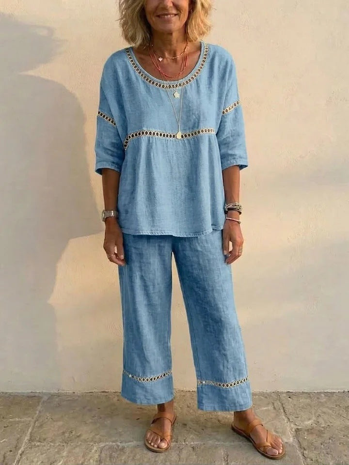 Casual Commuter Comfortable Loose Crew-Neck Linen Set