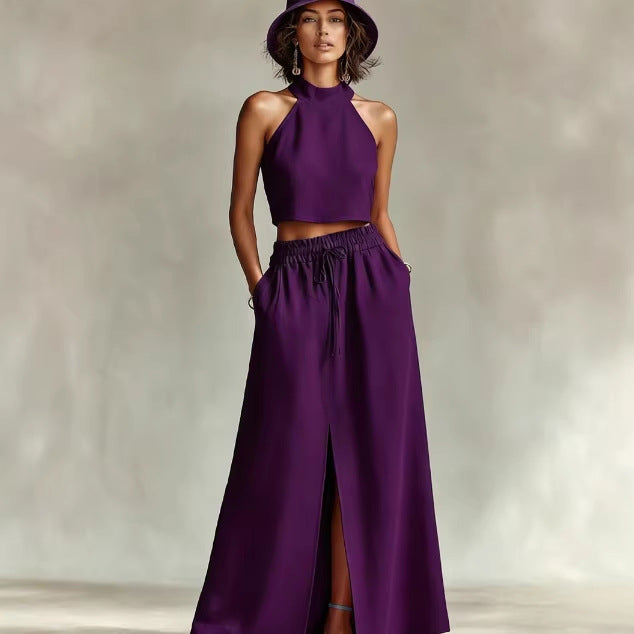 Neck-hanging Sleeveless Top High-waisted Split Wide-leg Long Skirt Two-piece Set