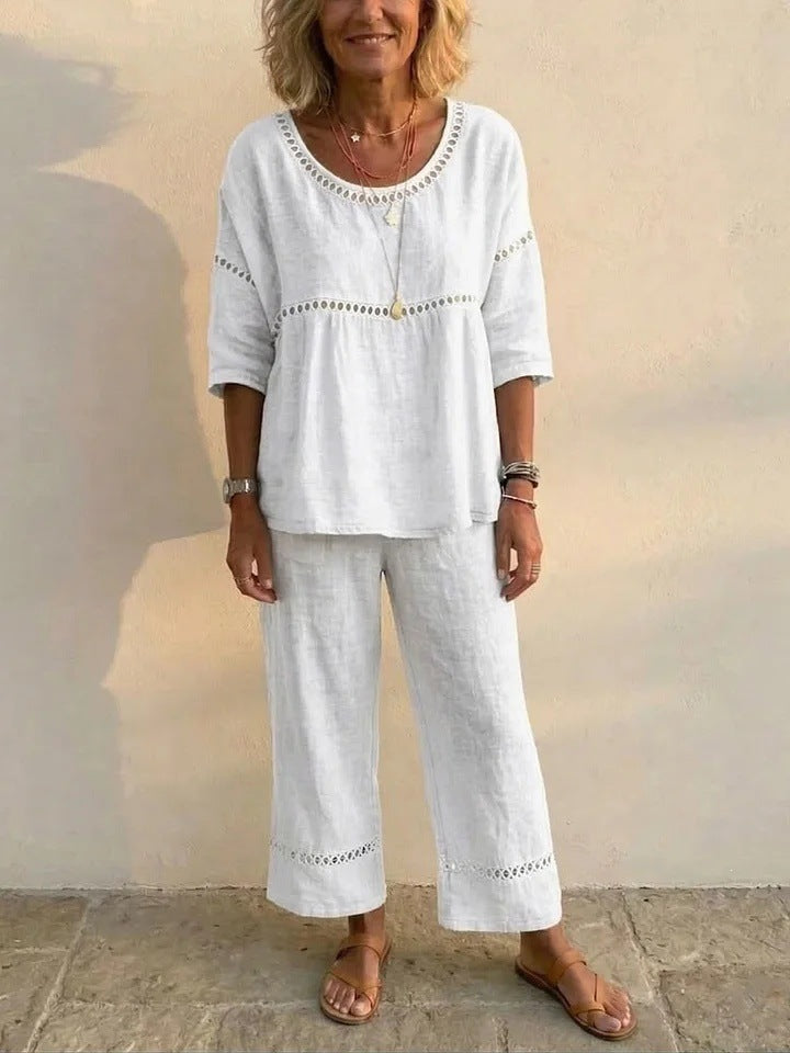 Casual Commuter Comfortable Loose Crew-Neck Linen Set