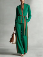 Women's Mandarin-collar Cardigan Blouse And Wide-leg Pants Set