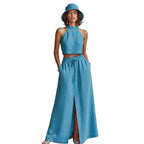 Neck-hanging Sleeveless Top High-waisted Split Wide-leg Long Skirt Two-piece Set