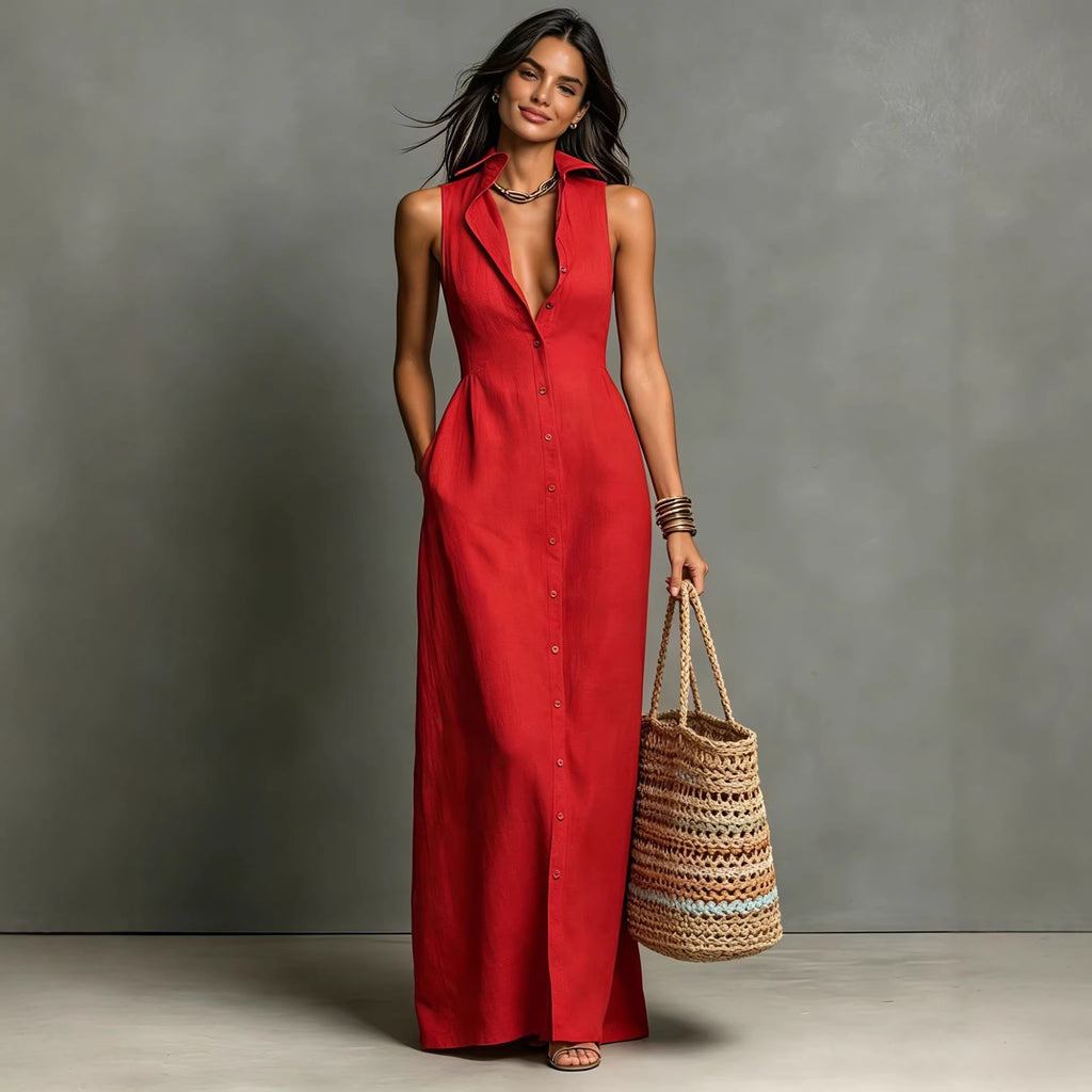Casual Cotton Linen Bag-Sleeveless Solid Color Dress