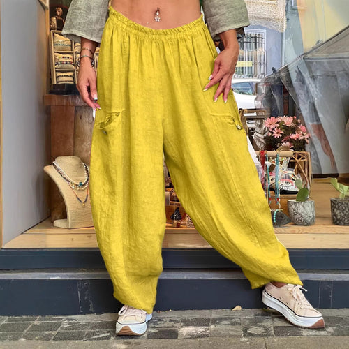 AutumnWinter Cotton-Linen Womens Long Solid-Color Pockets Loose Pants
