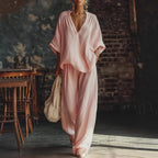 Womens V-neck Loose Short-Sleeve Casual Pants Two-Piece Set