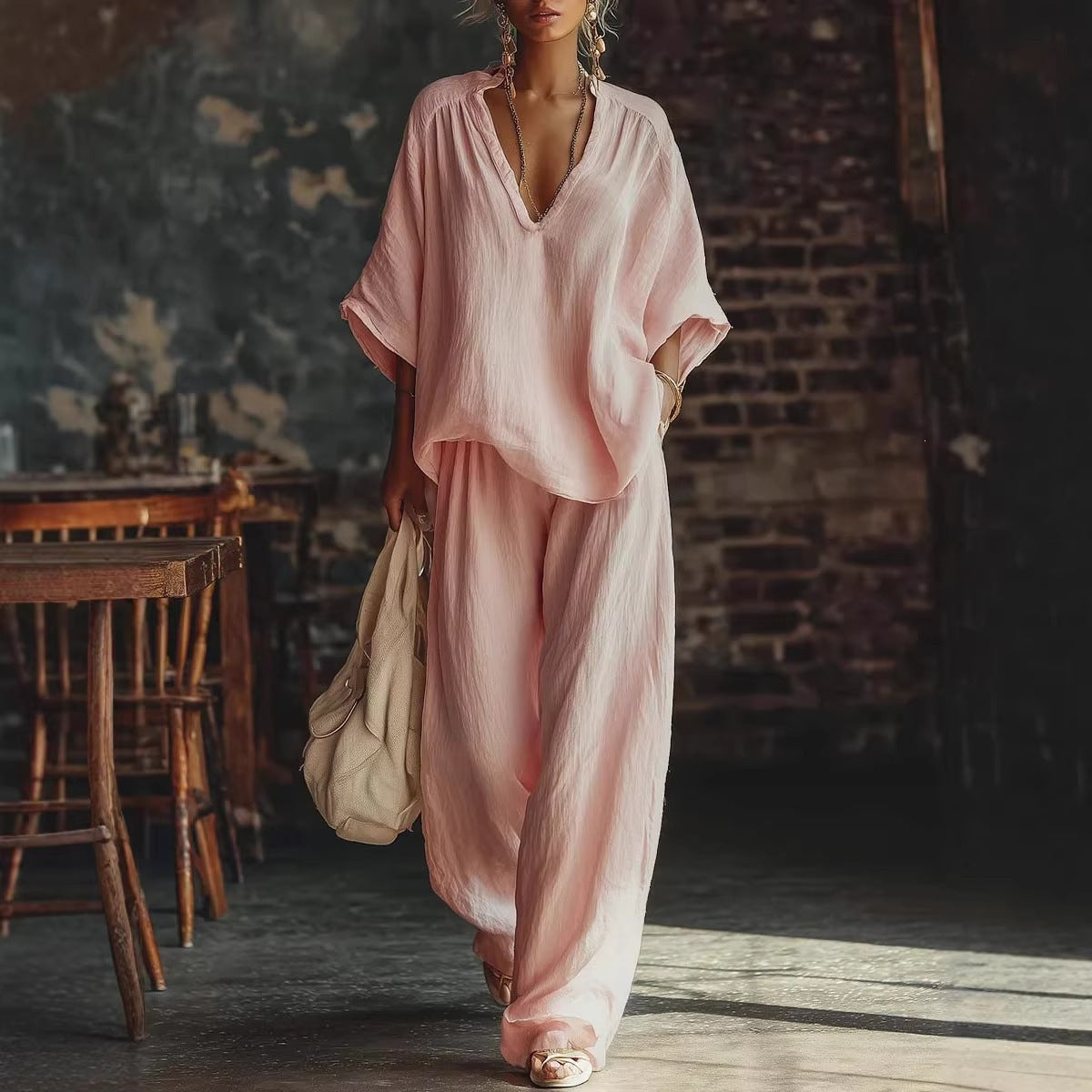 Womens V-neck Loose Short-Sleeve Casual Pants Two-Piece Set