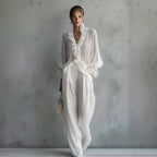 Lace Long-sleeve Shirt And Wide-leg Pants Set