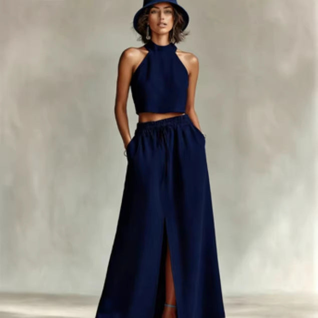 Neck-hanging Sleeveless Top High-waisted Split Wide-leg Long Skirt Two-piece Set